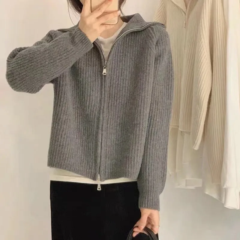Fashionkova  Autumn Winter New Cashmere Cardigan Women 100%Pure Cashmere Zipper Lapel Sweater Knitted Loose Wool Coat