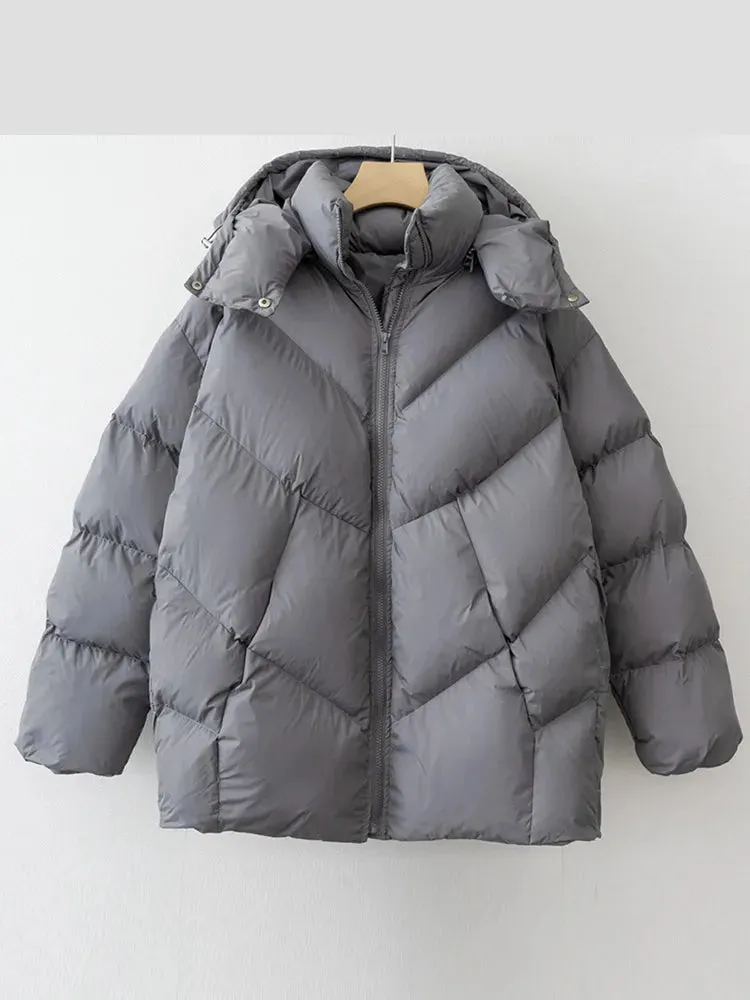 Fashionkova Christmas Gift Outfit  Lady Warm Simple Solid Color Hooded Full Sleeve Cotton Coat Elegant Zipper Stand Collar Down Jacket 2024 New Winter Streetwear