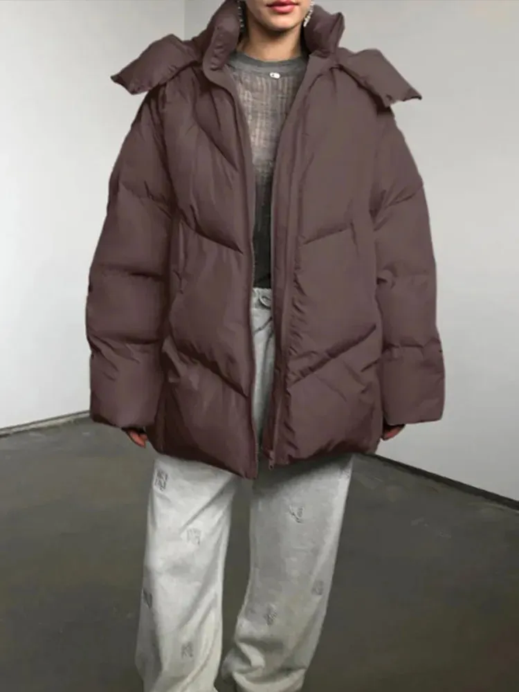 Fashionkova Christmas Gift Outfit  Lady Warm Simple Solid Color Hooded Full Sleeve Cotton Coat Elegant Zipper Stand Collar Down Jacket 2024 New Winter Streetwear