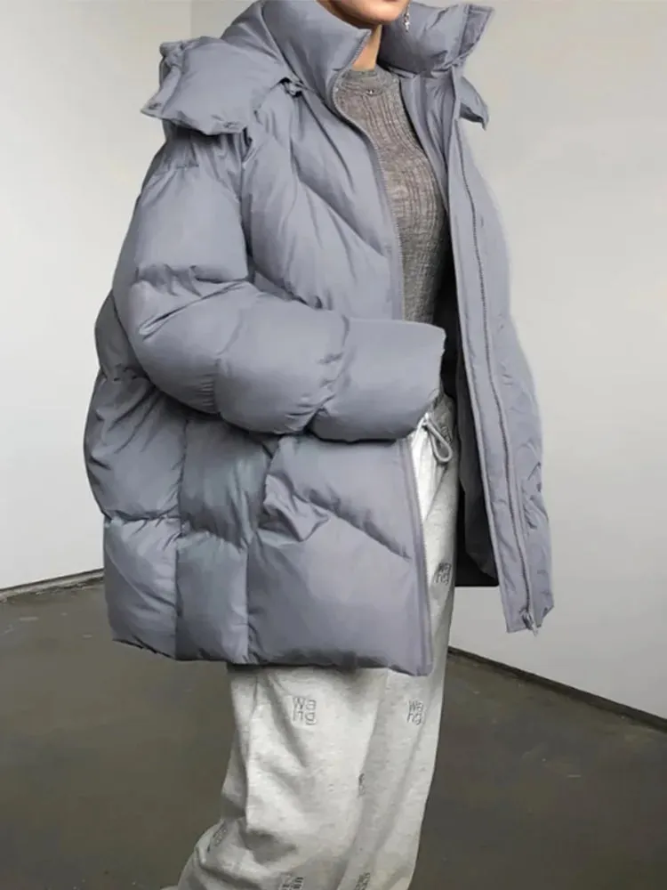Fashionkova Christmas Gift Outfit  Lady Warm Simple Solid Color Hooded Full Sleeve Cotton Coat Elegant Zipper Stand Collar Down Jacket 2024 New Winter Streetwear