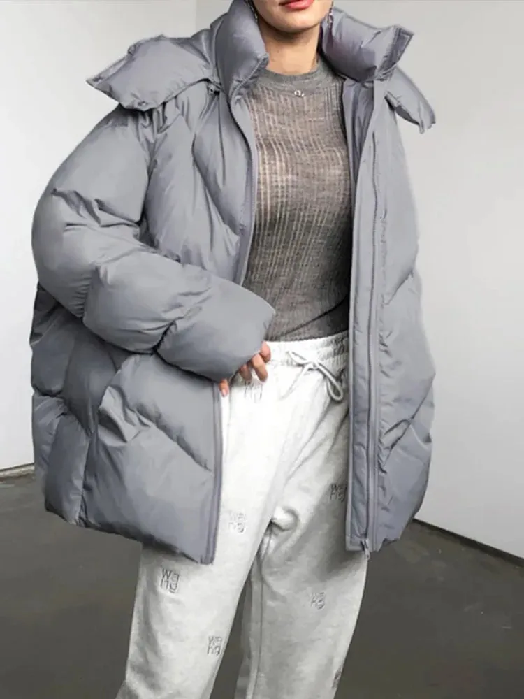 Fashionkova Christmas Gift Outfit  Lady Warm Simple Solid Color Hooded Full Sleeve Cotton Coat Elegant Zipper Stand Collar Down Jacket 2024 New Winter Streetwear