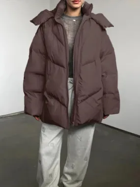 Fashionkova Christmas Gift Outfit  Lady Warm Simple Solid Color Hooded Full Sleeve Cotton Coat Elegant Zipper Stand Collar Down Jacket 2024 New Winter Streetwear