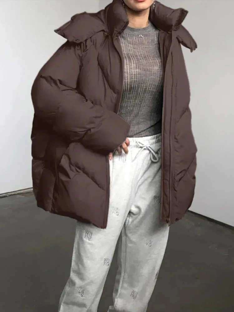 Fashionkova Christmas Gift Outfit  Lady Warm Simple Solid Color Hooded Full Sleeve Cotton Coat Elegant Zipper Stand Collar Down Jacket 2024 New Winter Streetwear