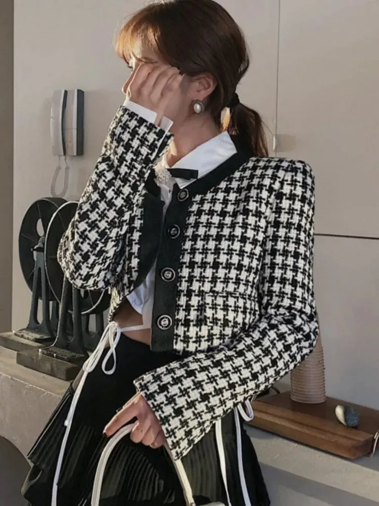 Fashionkova Elegant Cropped Jacket Women French Vintage Single Breasted Long Sleeve O-neck Top Autumn Y2k All-match Houndstooth Coats New