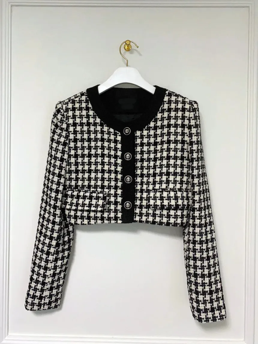 Fashionkova Elegant Cropped Jacket Women French Vintage Single Breasted Long Sleeve O-neck Top Autumn Y2k All-match Houndstooth Coats New