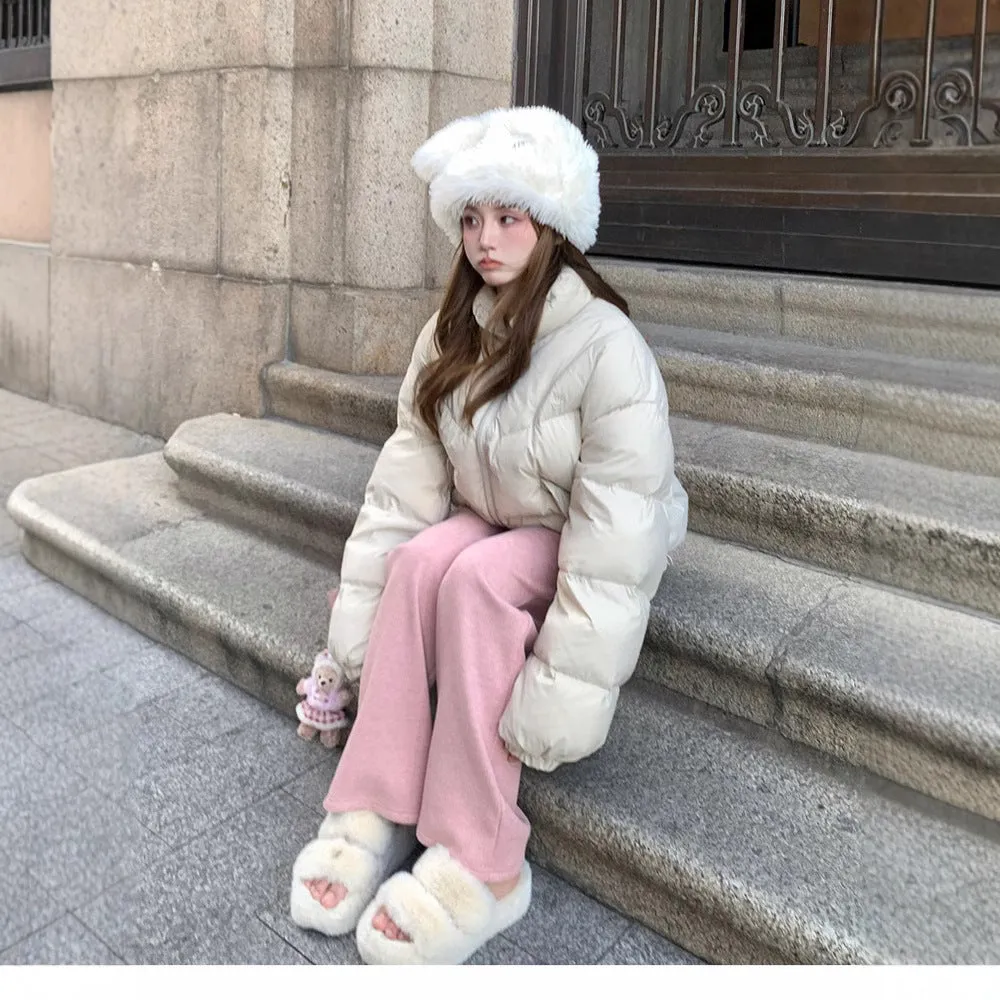Fashionkova mens winter outfits 2024 Winter Short Stand Collar down Jacket Female Sweet Cute Little Puff 90 White Duck down Warm Thick Coat