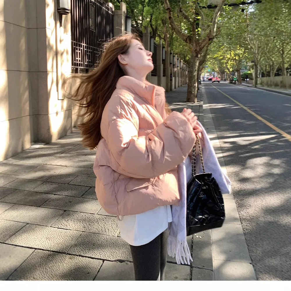 Fashionkova mens winter outfits 2024 Winter Short Stand Collar down Jacket Female Sweet Cute Little Puff 90 White Duck down Warm Thick Coat