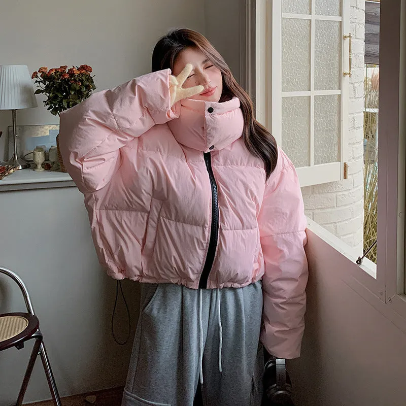 Fashionkova mens winter outfits Pink Stand Collar down Jacket Winter Female 2024 Korean Gentle Wind Light Short 90 White Duck down Bread Coat