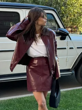 Fashionkova Women Elegant Ancora Red Zipper Leather Jacket 2 Piece Set Fashion High Waist Solid Cropped Mini Skirt Suit 2024 Lady Streetwear