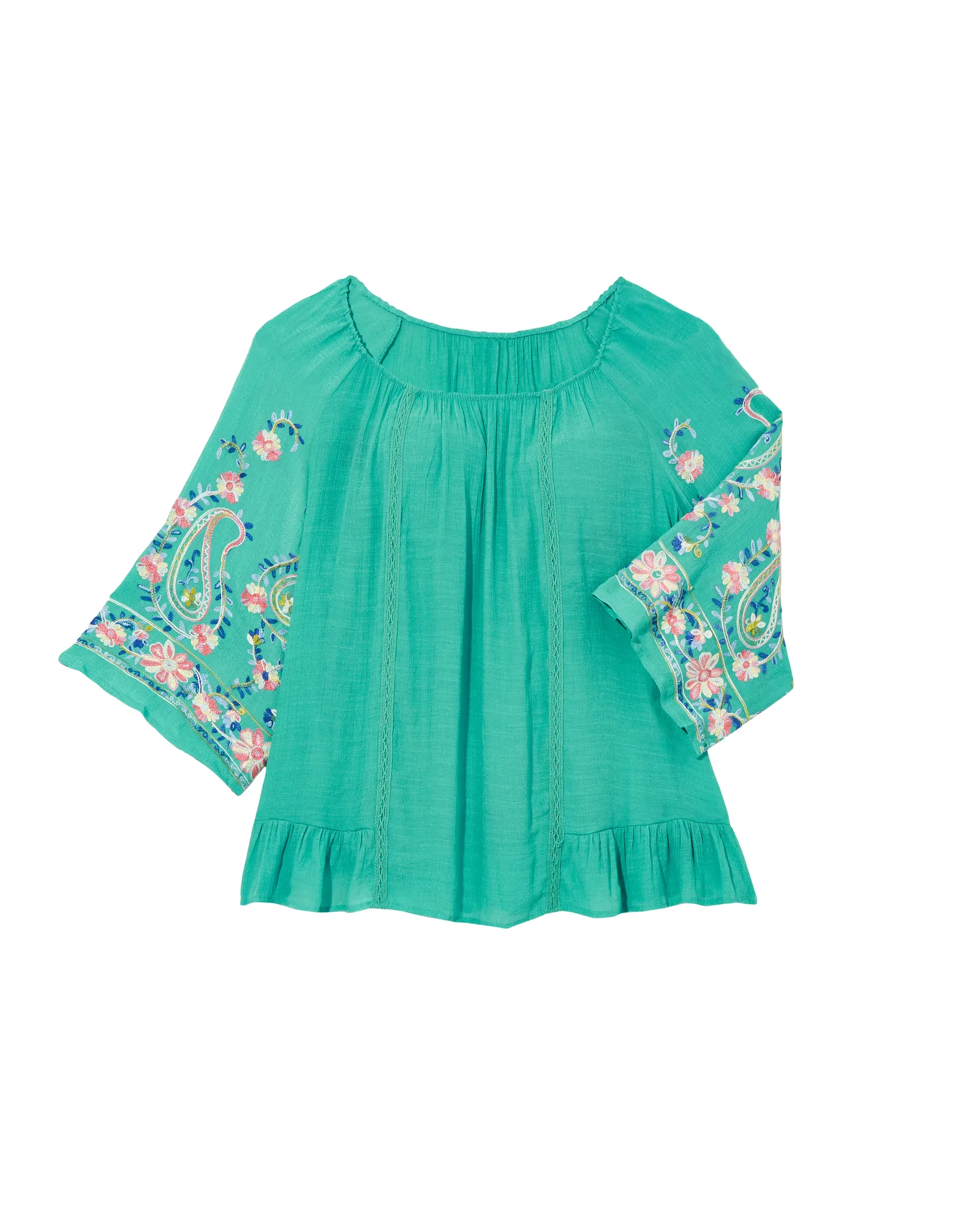 Faye Anne Flare Sleeve Peasant Blouse | Turquoise / White