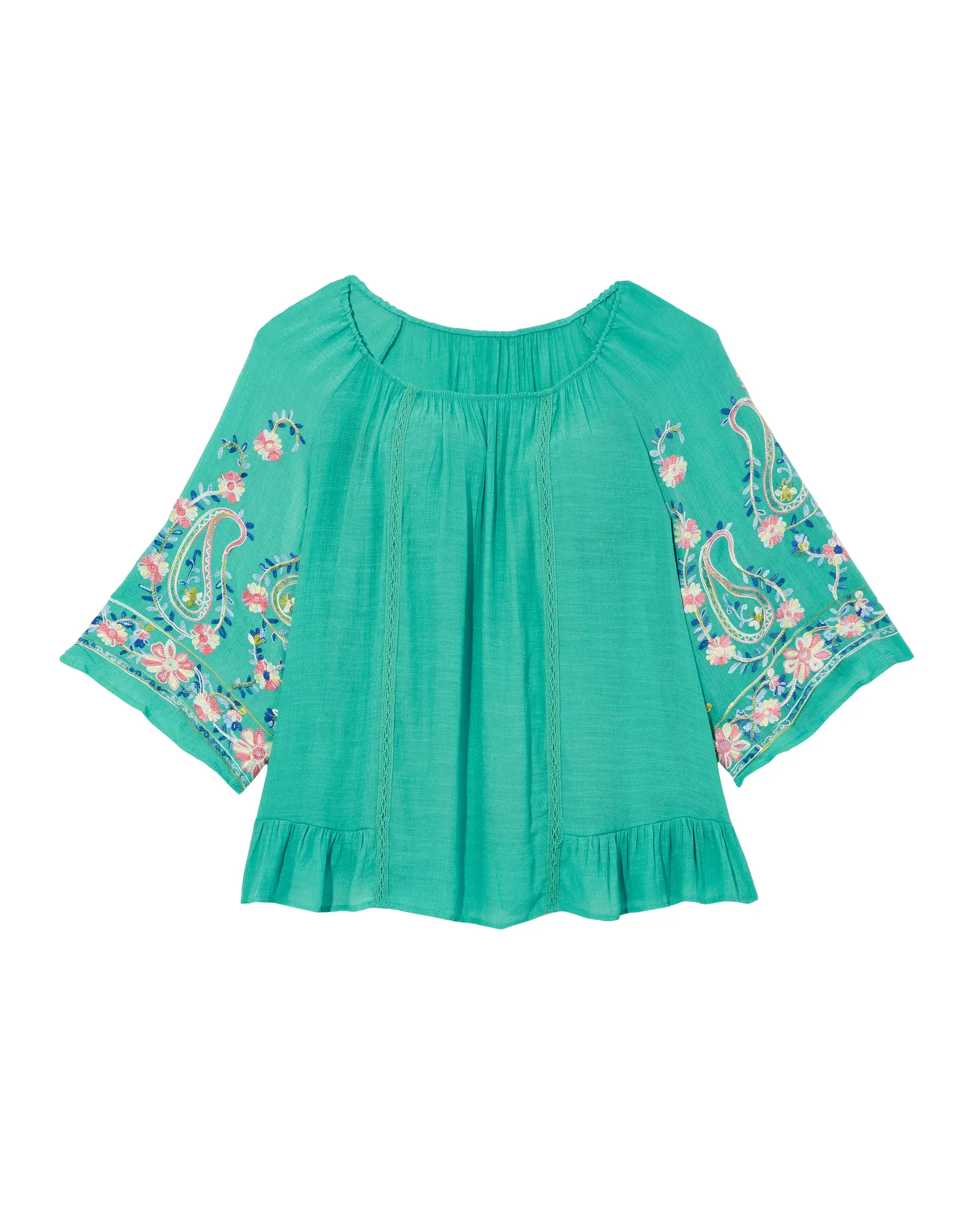 Faye Anne Flare Sleeve Peasant Blouse | Turquoise / White