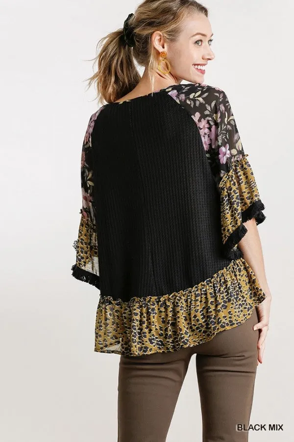 Floral & Animal  Waffle Knit Top, Black
