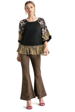Floral & Animal  Waffle Knit Top, Black
