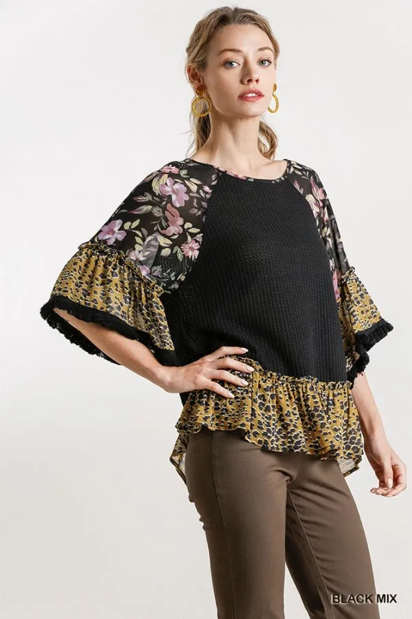 Floral & Animal  Waffle Knit Top, Black