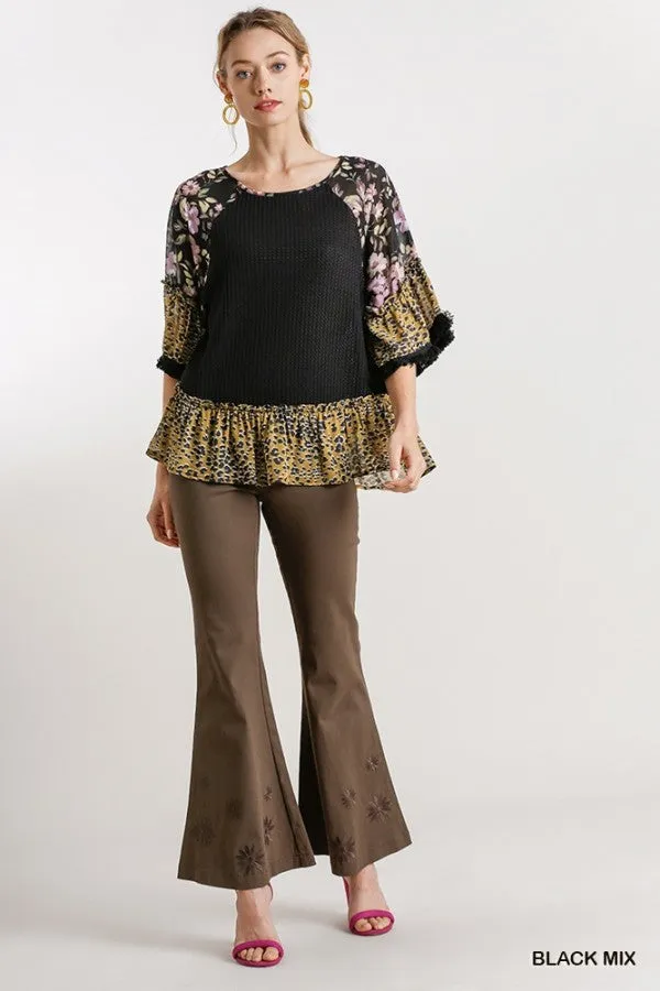 Floral & Animal  Waffle Knit Top, Black