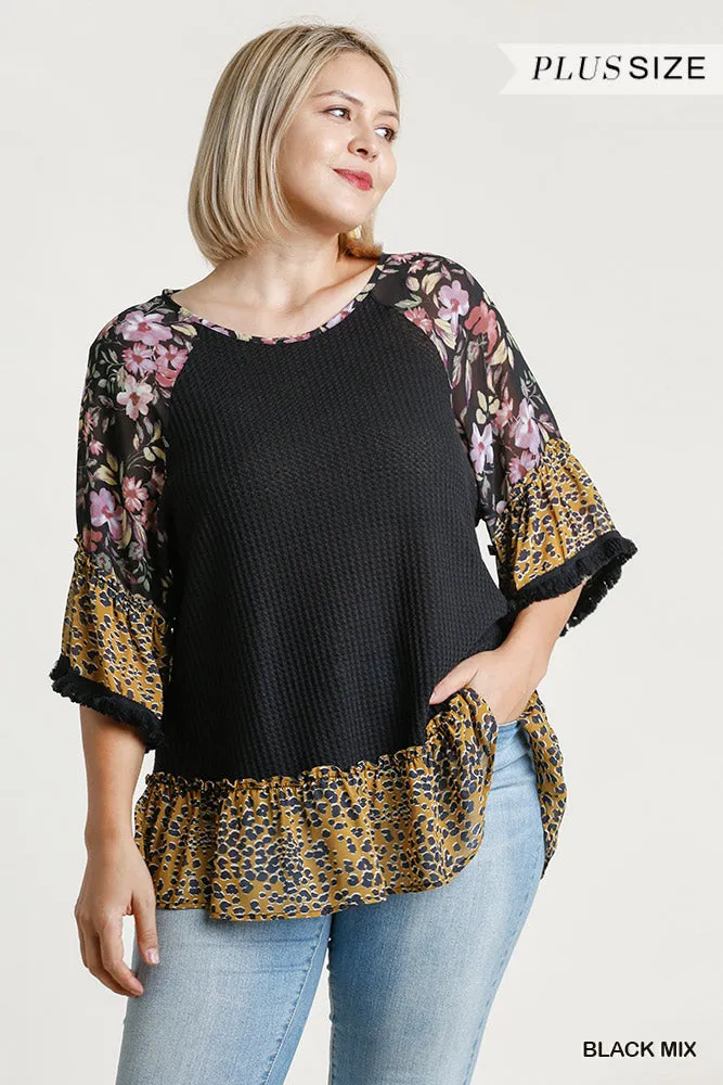 Floral & Animal  Waffle Knit Top, Black