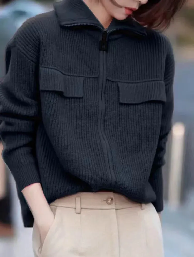 Flytonn-Autumn/Winter fashion 100 pure cashmere cardigan women's zip-up turtleneck sweater coat with turtleneck knitted sweater outside