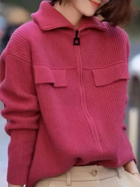 Flytonn-Autumn/Winter fashion 100 pure cashmere cardigan women's zip-up turtleneck sweater coat with turtleneck knitted sweater outside