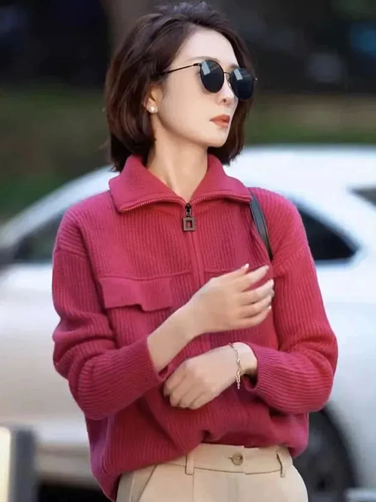 Flytonn-Autumn/Winter fashion 100 pure cashmere cardigan women's zip-up turtleneck sweater coat with turtleneck knitted sweater outside