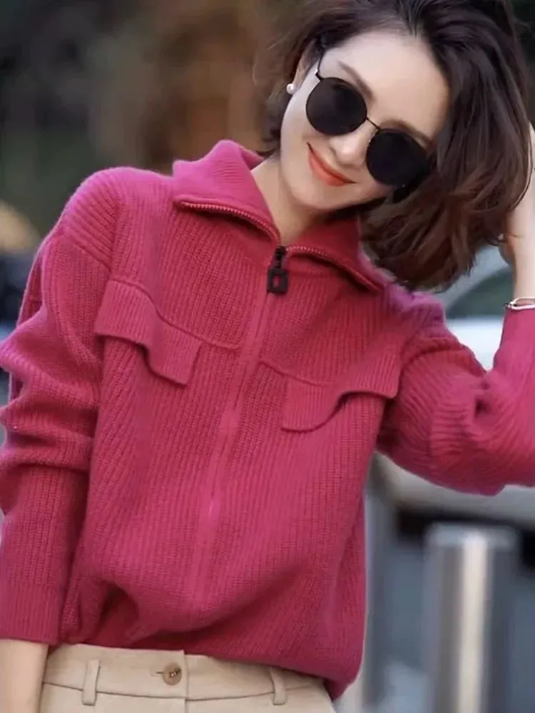Flytonn-Autumn/Winter fashion 100 pure cashmere cardigan women's zip-up turtleneck sweater coat with turtleneck knitted sweater outside