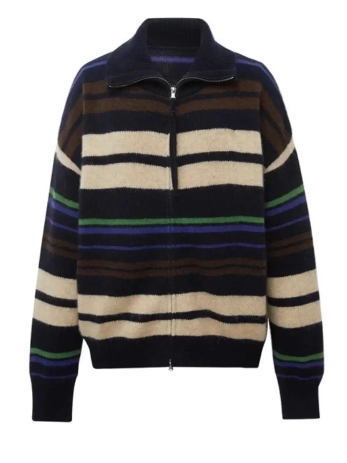 Flytonn-Stylish colorful striped zipper 100 pure wool cardigan knit sweater Women's Fall/winter loose thickened cashmere coat