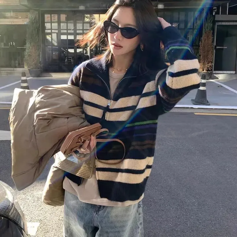 Flytonn-Stylish colorful striped zipper 100 pure wool cardigan knit sweater Women's Fall/winter loose thickened cashmere coat
