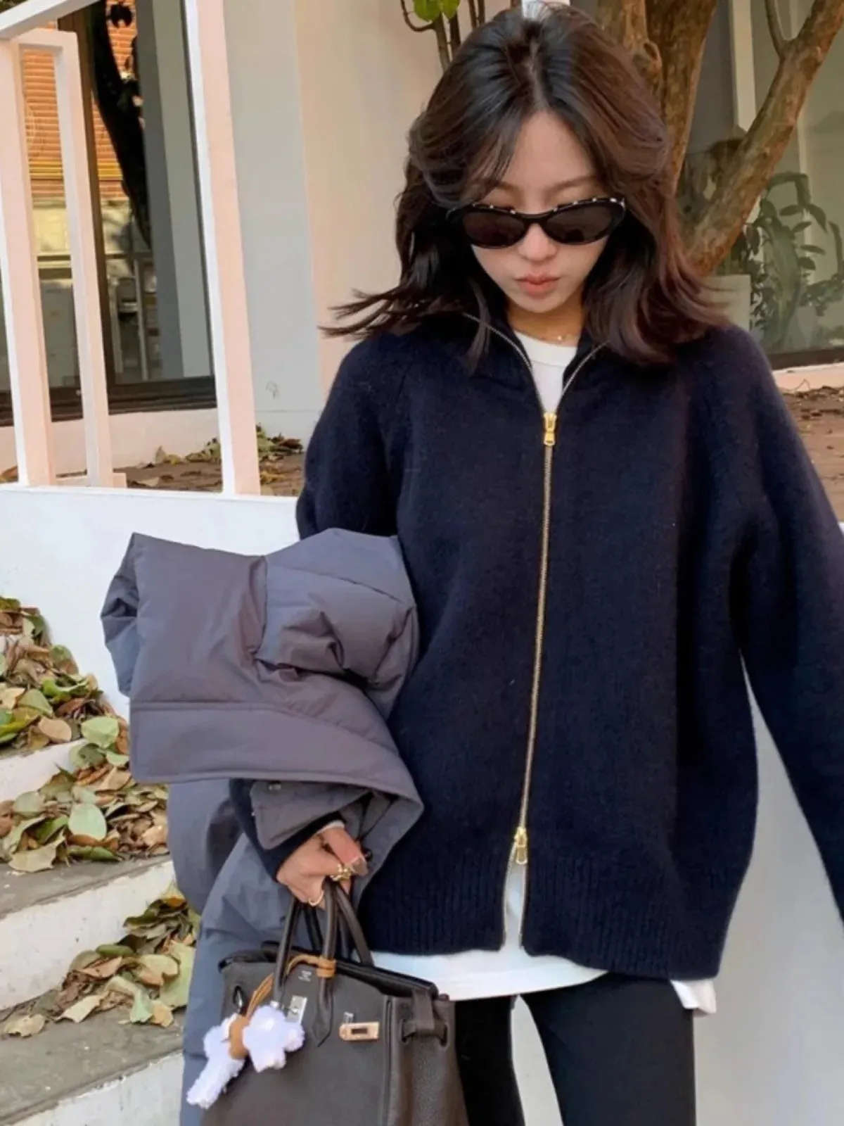 Flytonn-This year's fashion turtleneck 100% cashmere zipper cardigan women autumn and winter lazy loose thick knit sweater coat