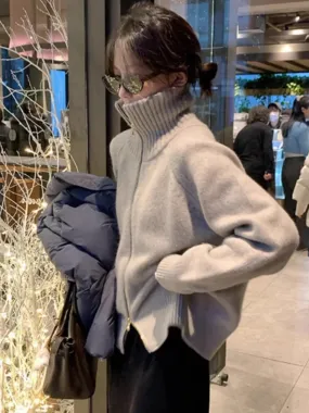 Flytonn-This year's fashion turtleneck 100% cashmere zipper cardigan women autumn and winter lazy loose thick knit sweater coat