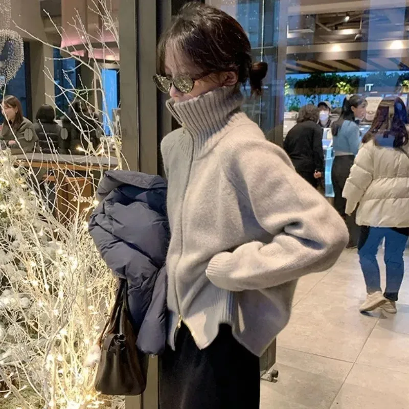 Flytonn-This year's fashion turtleneck 100% cashmere zipper cardigan women autumn and winter lazy loose thick knit sweater coat