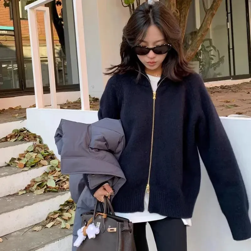 Flytonn-This year's fashion turtleneck 100% cashmere zipper cardigan women autumn and winter lazy loose thick knit sweater coat