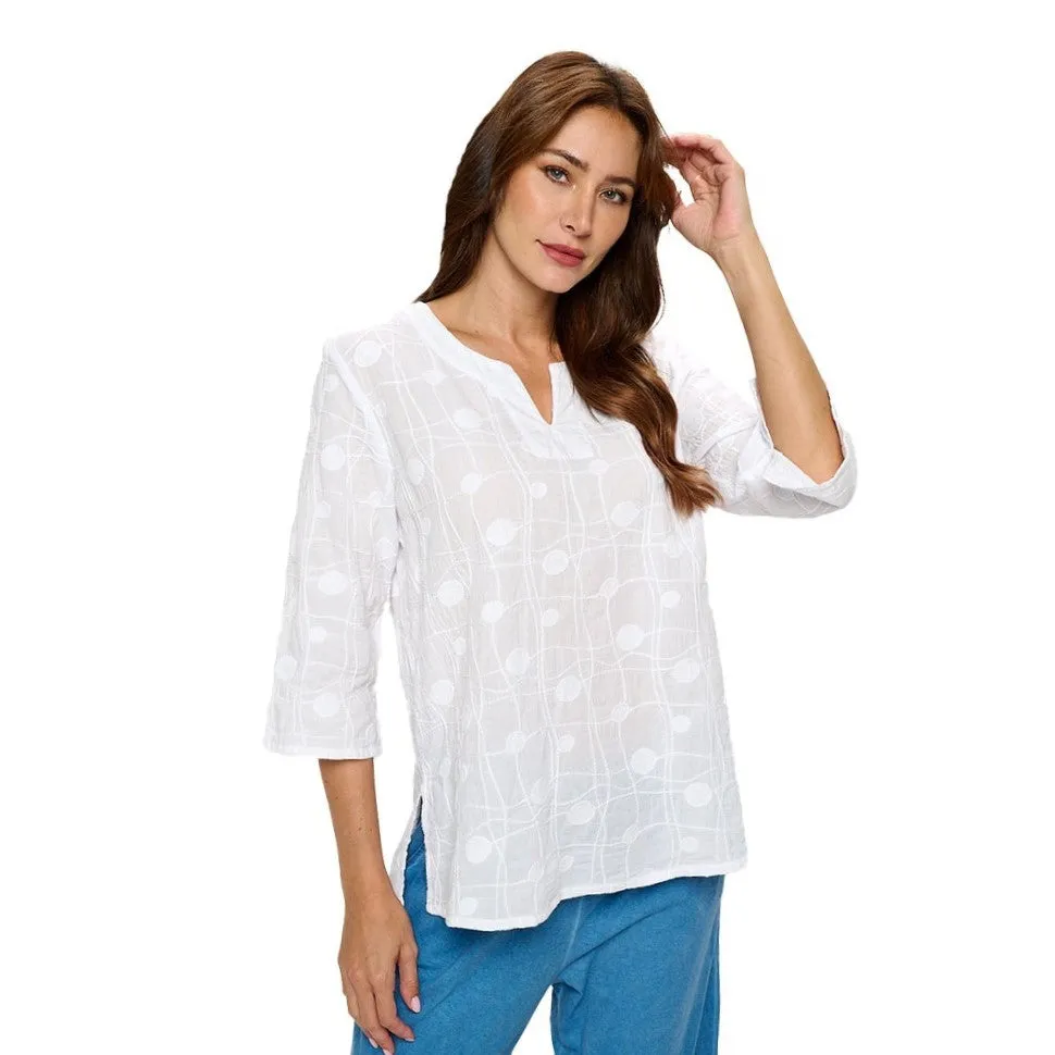 Focus Embroidered Voile Tunic Top In White - EC-429 - Sizes S & M Only!
