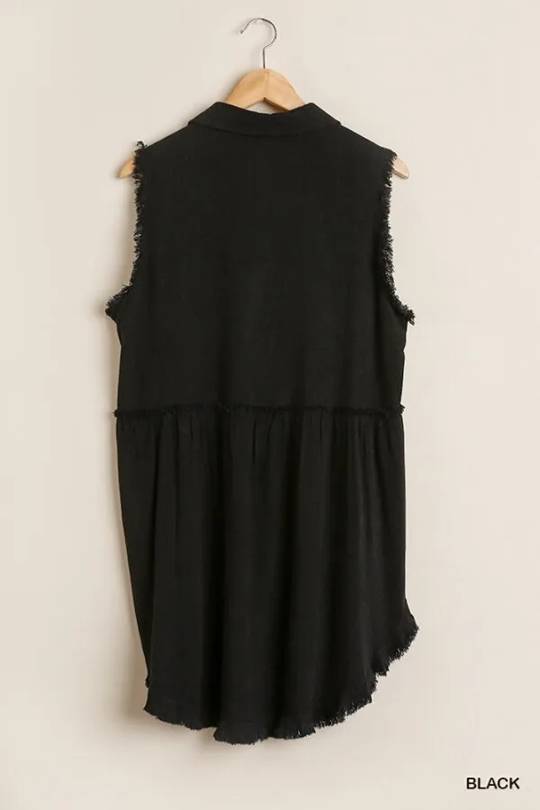 Frayed Sleeveless Tunic, Black