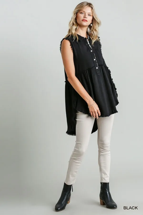 Frayed Sleeveless Tunic, Black