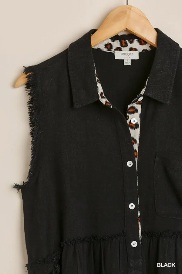 Frayed Sleeveless Tunic, Black