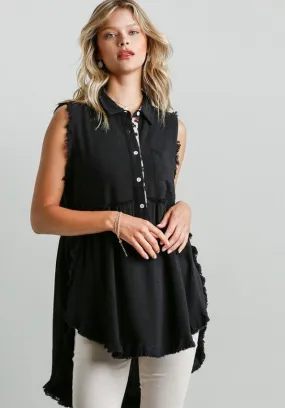Frayed Sleeveless Tunic, Black