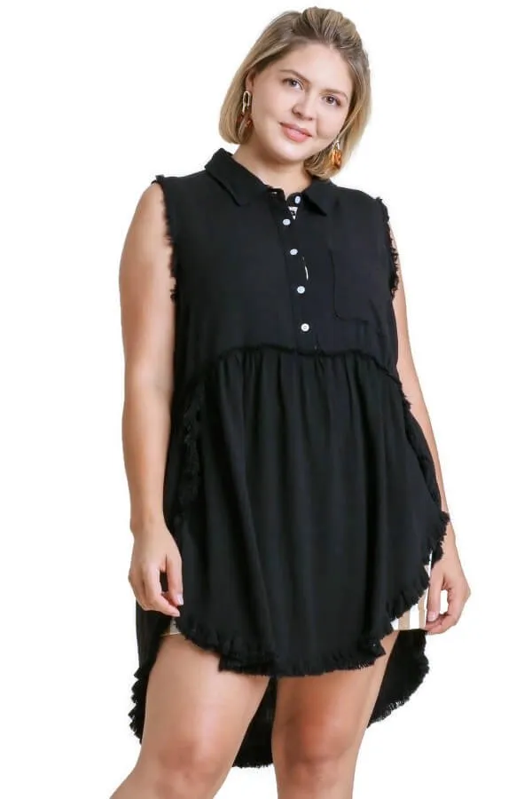 Frayed Sleeveless Tunic, Black