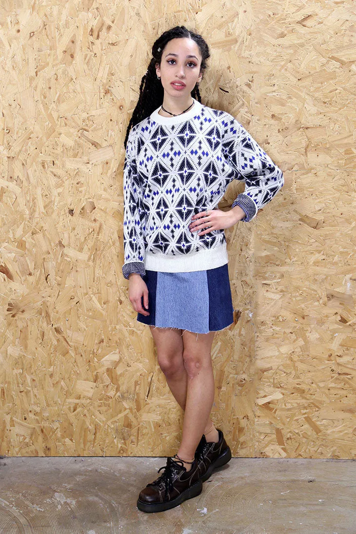 Geometric Retro White and Blue Jumper
