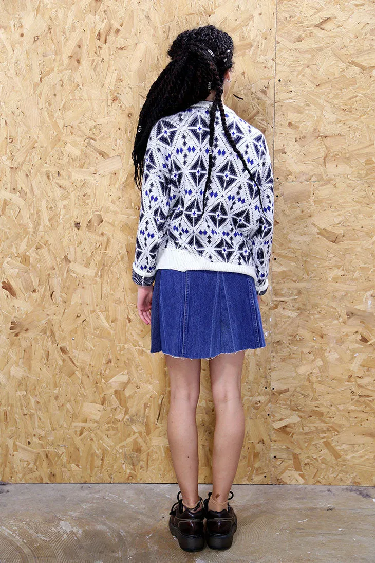 Geometric Retro White and Blue Jumper