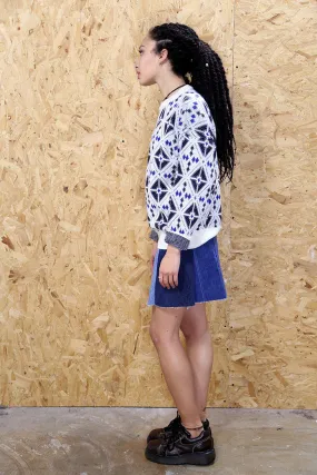 Geometric Retro White and Blue Jumper