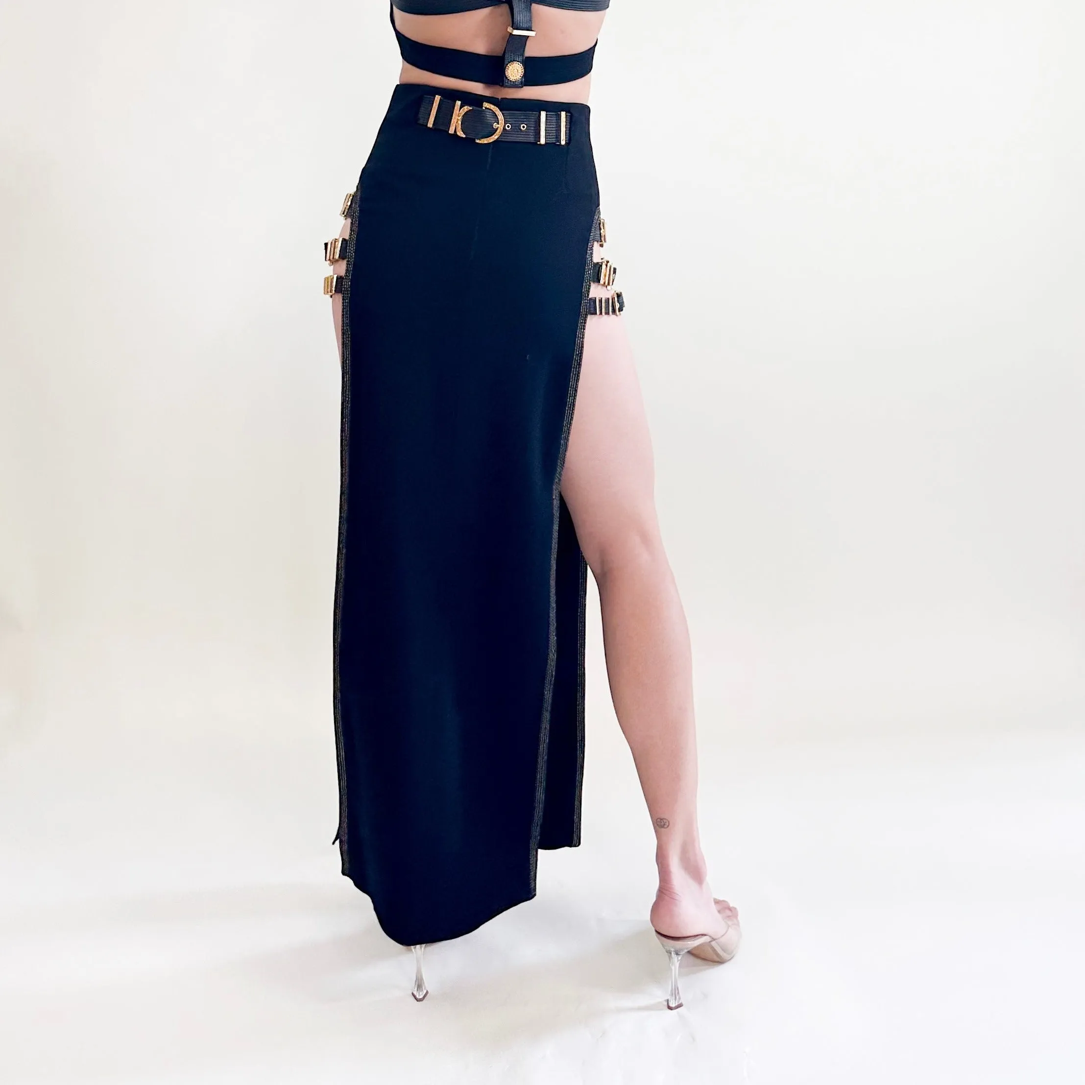 Gianni Versace F/W 1992 "Miss S&M" Black Leather with Gold Hardware Buckled Maxi Skirt