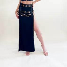 Gianni Versace F/W 1992 "Miss S&M" Black Leather with Gold Hardware Buckled Maxi Skirt