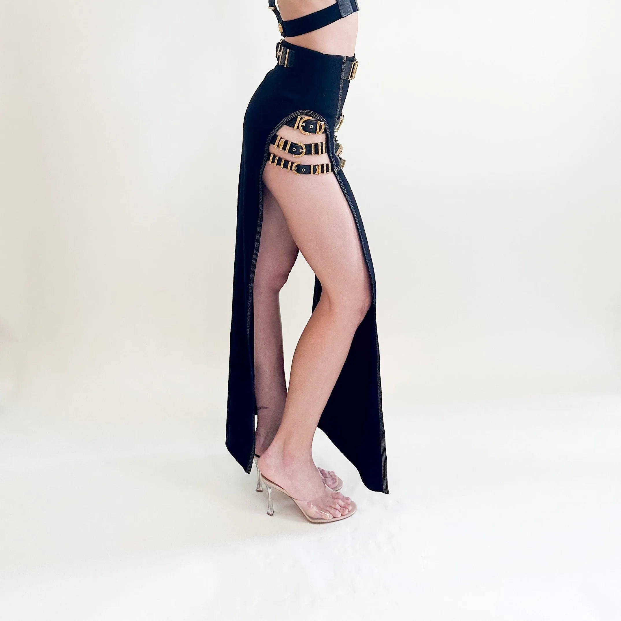 Gianni Versace F/W 1992 "Miss S&M" Black Leather with Gold Hardware Buckled Maxi Skirt