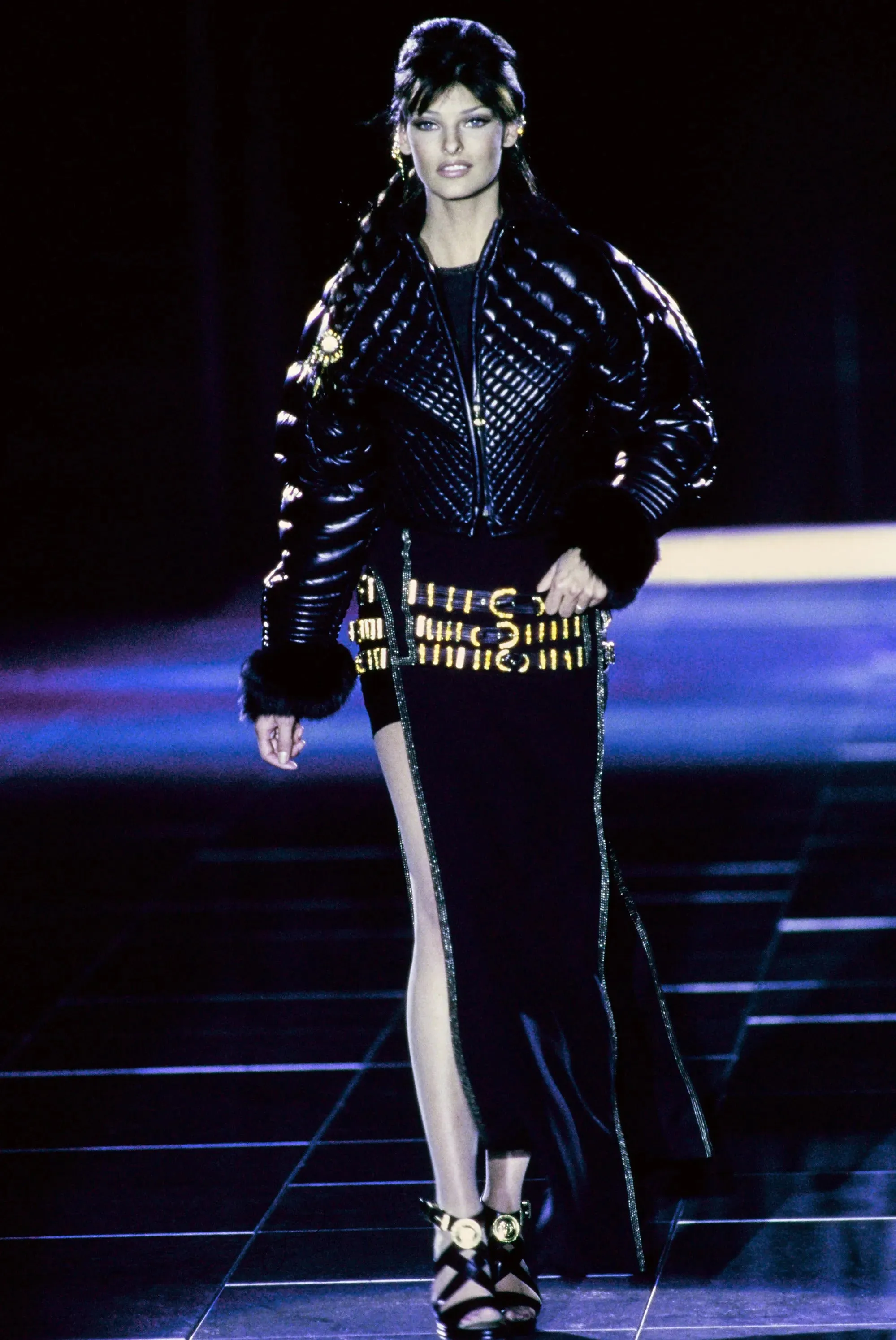 Gianni Versace F/W 1992 "Miss S&M" Black Leather with Gold Hardware Buckled Maxi Skirt