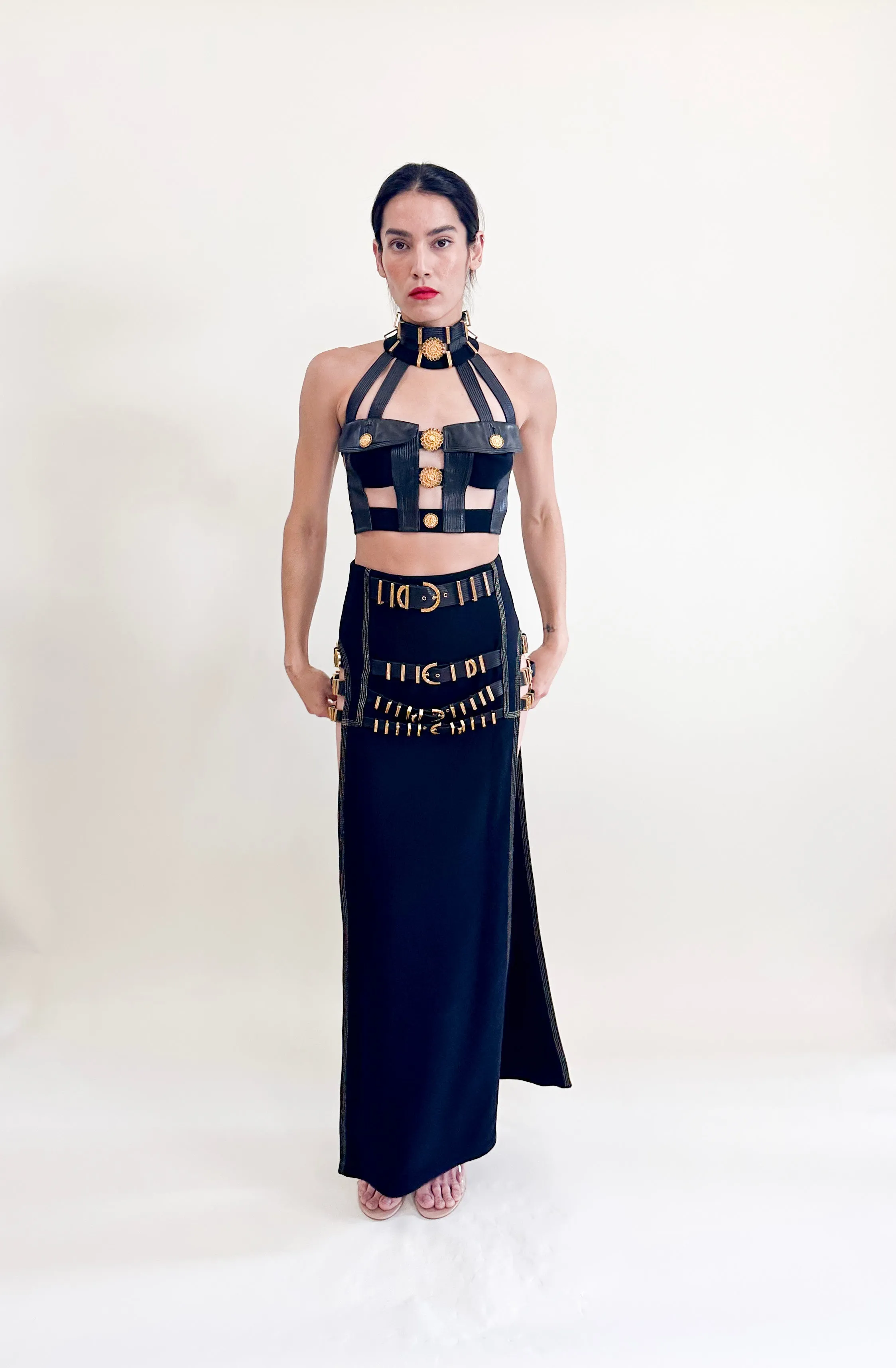 Gianni Versace F/W 1992 "Miss S&M" Black Leather with Gold Hardware Buckled Maxi Skirt