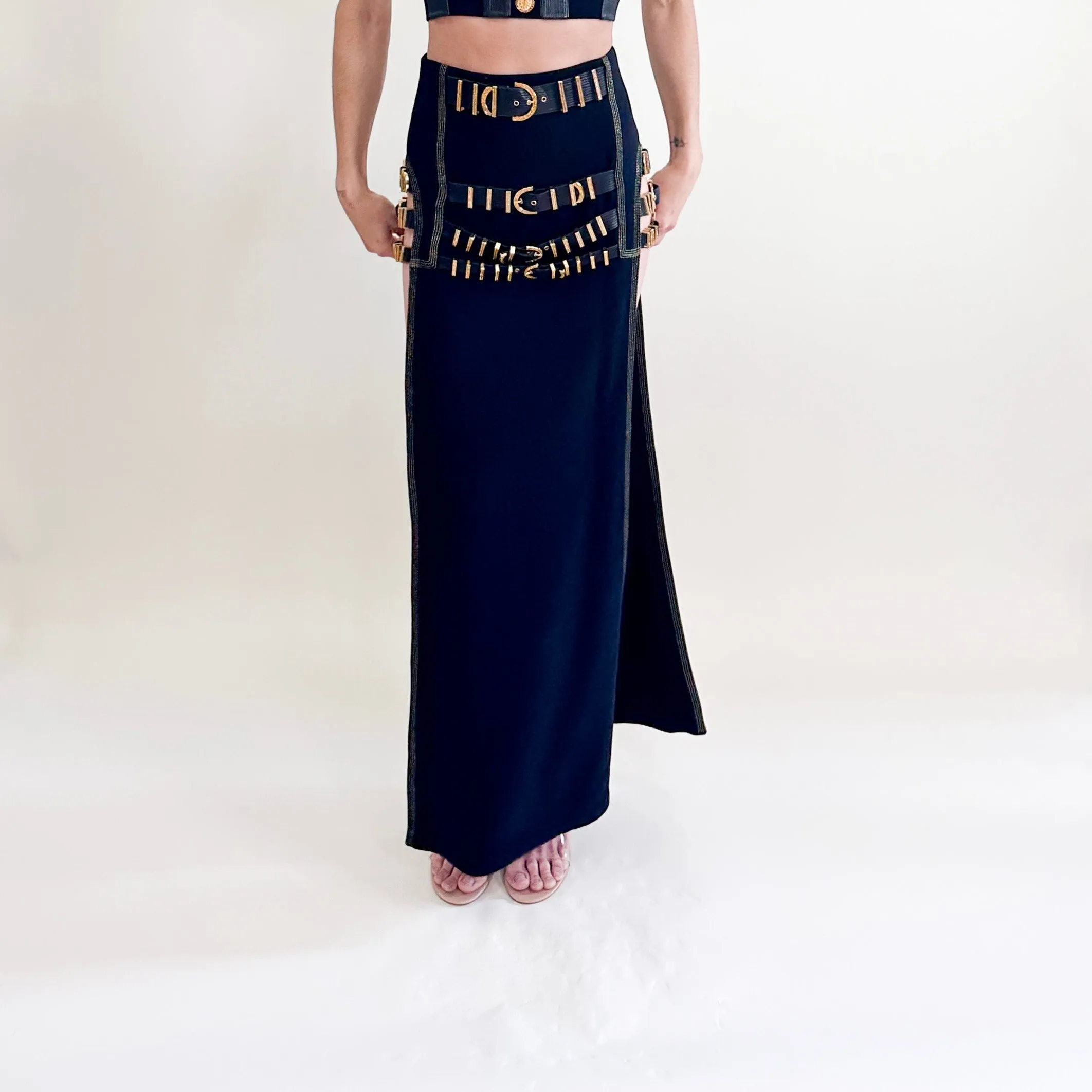 Gianni Versace F/W 1992 "Miss S&M" Black Leather with Gold Hardware Buckled Maxi Skirt