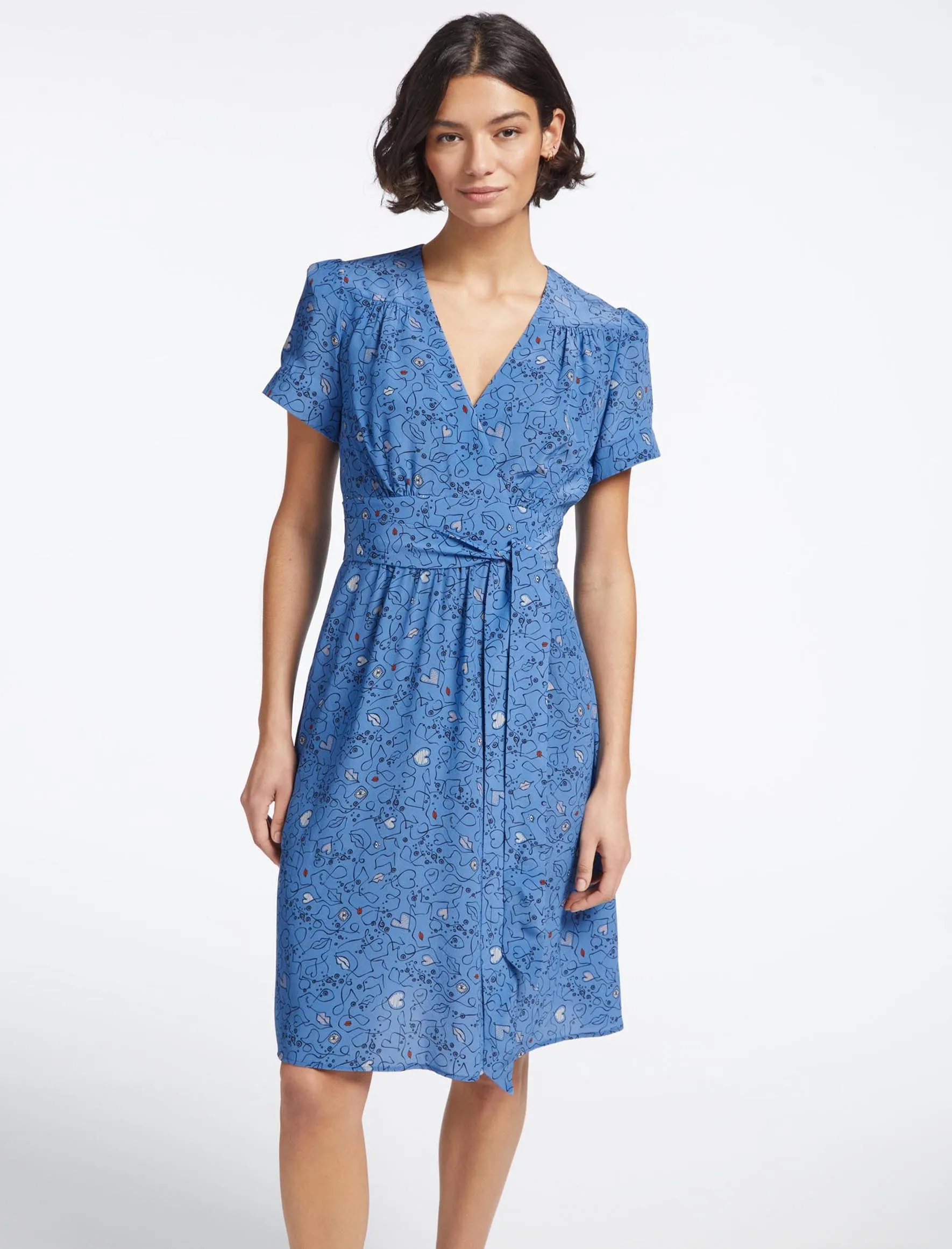 Gina Silk Knee Length Dress - Blue Lips Eyes Print