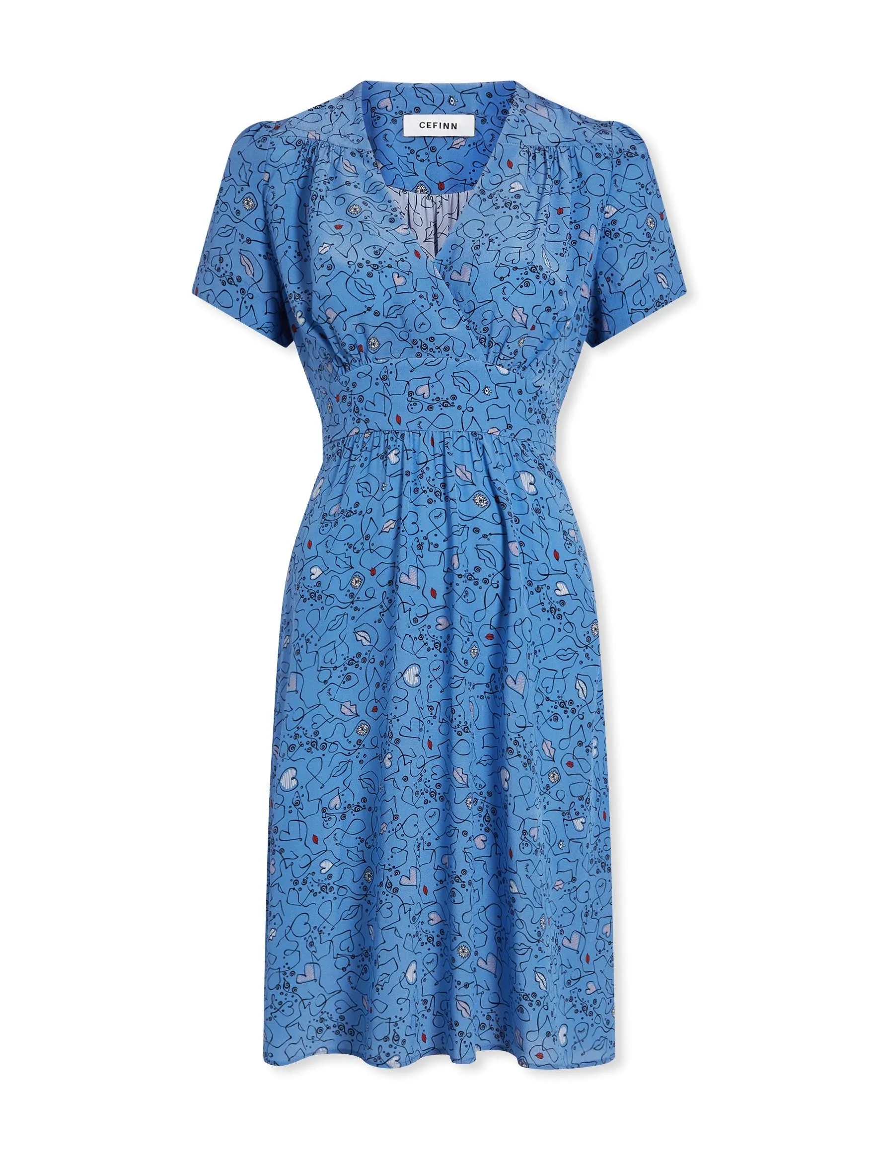 Gina Silk Knee Length Dress - Blue Lips Eyes Print