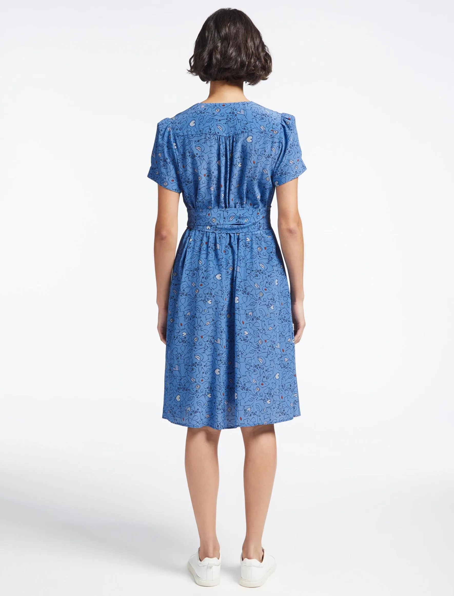 Gina Silk Knee Length Dress - Blue Lips Eyes Print