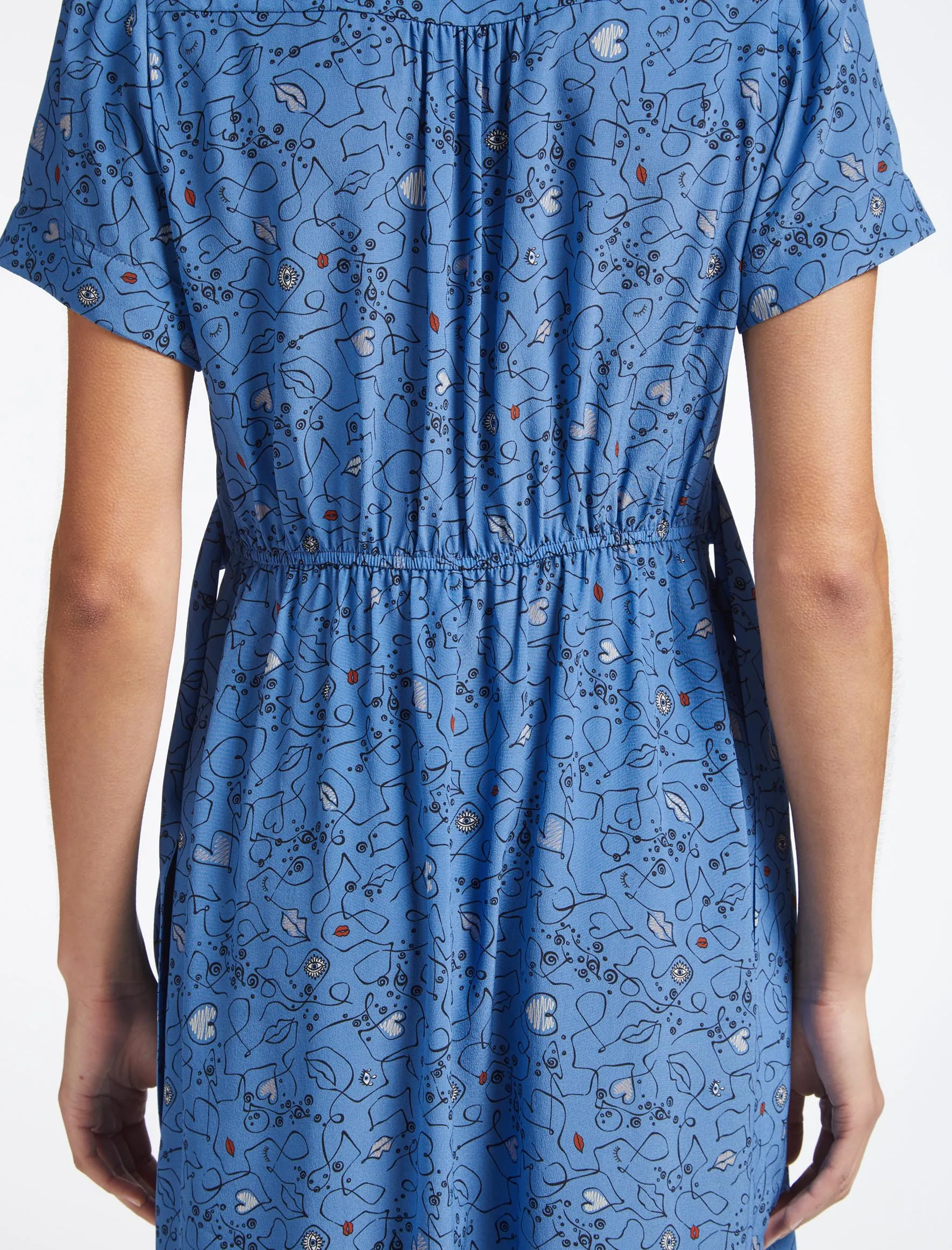 Gina Silk Knee Length Dress - Blue Lips Eyes Print