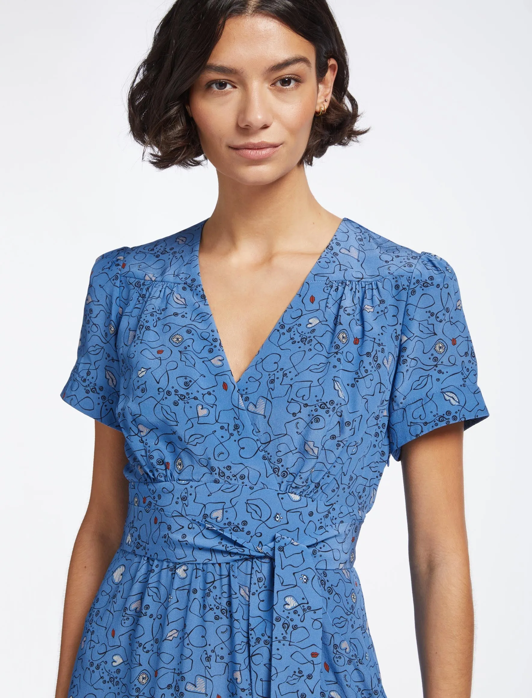 Gina Silk Knee Length Dress - Blue Lips Eyes Print